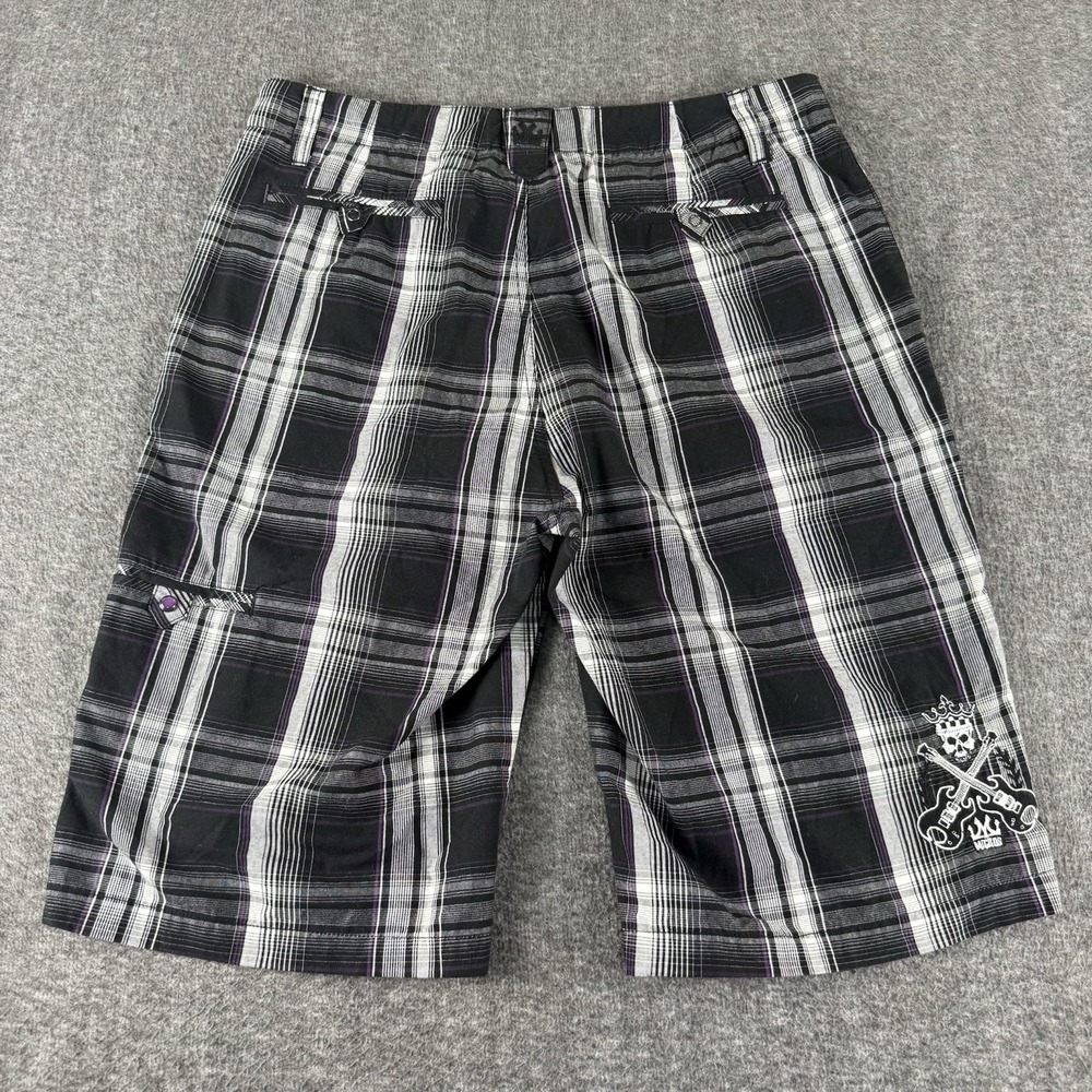 Micros Plaid Cargo Shorts Mens Sz 32 Black Gray Purple Y2K Punk Emo Skull Guitar